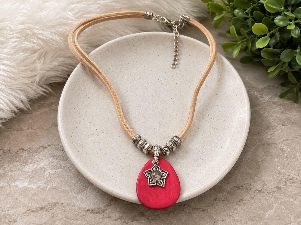 New York & Company Red Dyed Wood Pendant Leather Cord Necklace